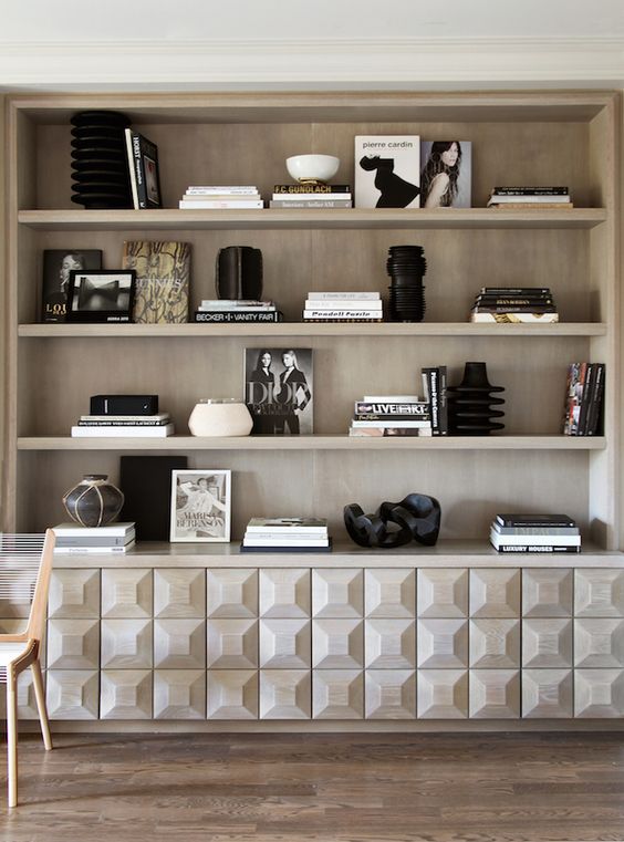 Styling monochromatic shelves by Kimberlee Marie Interior Design in WA